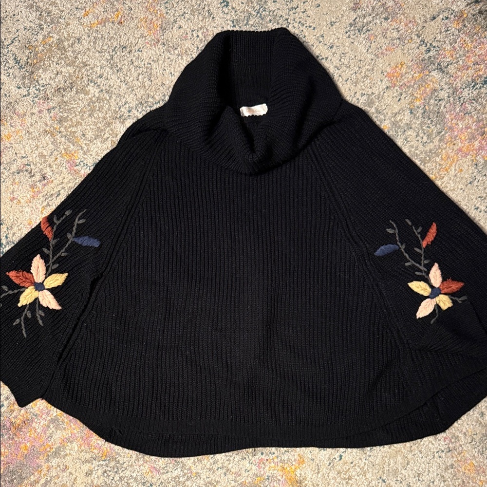 Simply Couture Black Poncho with Floral Embroidery